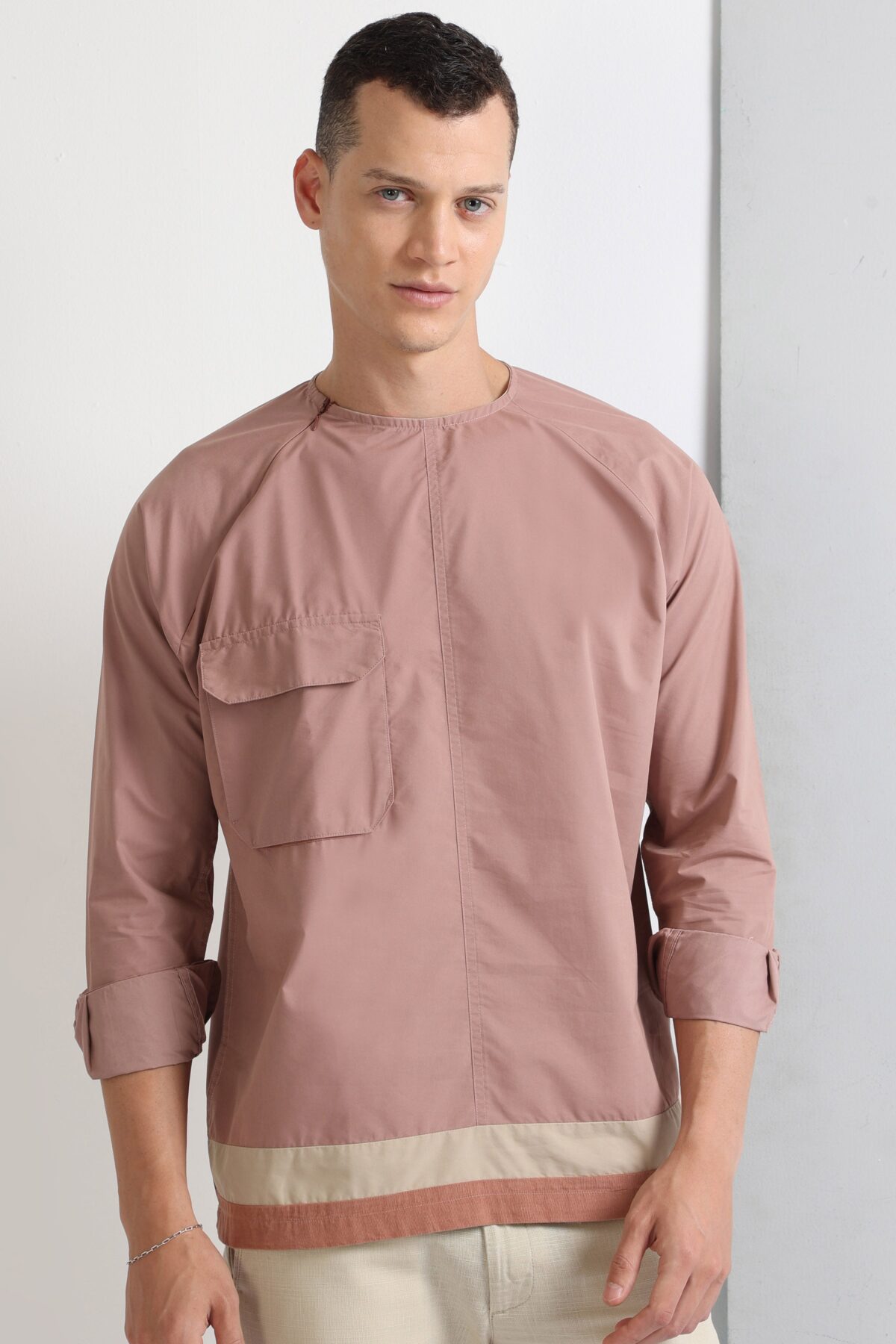 Brown Raglan Crew Neck Shirt with Flap Pockets for Men