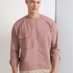 Brown Raglan Crew Neck Shirt with Flap Pockets for Men