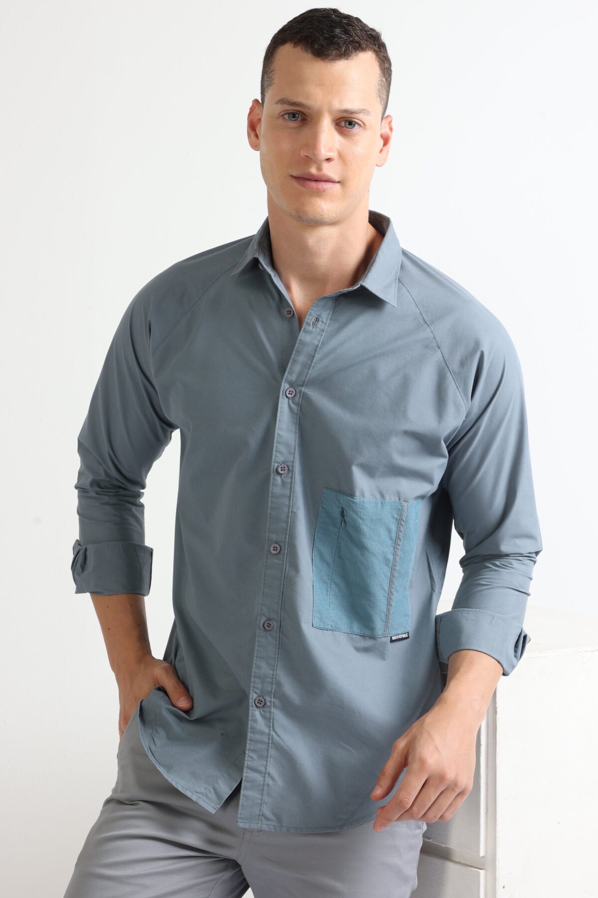 Grey Raglan Full Sleeve Shirt with a Stylish Pocket for Men