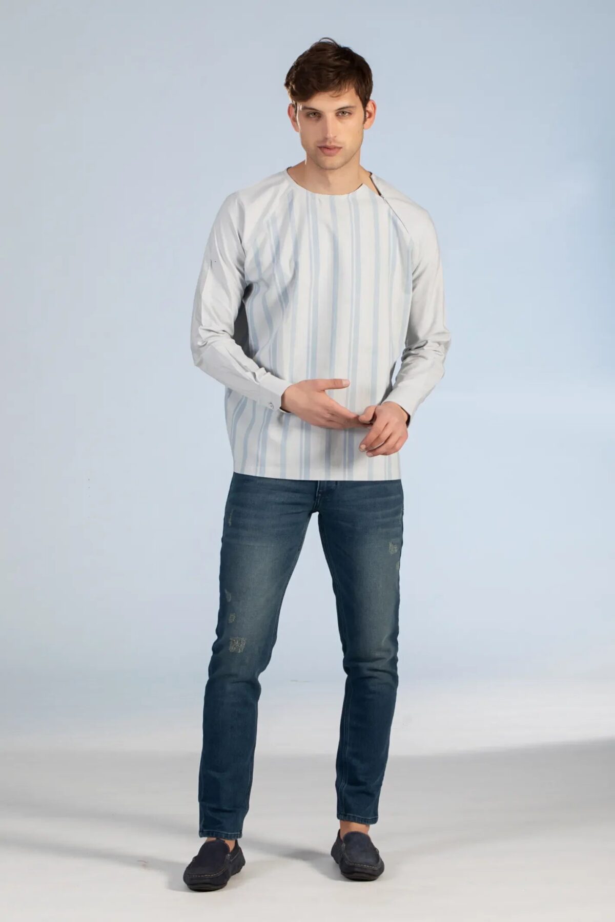 Blue Raglan Striped Men Shirt