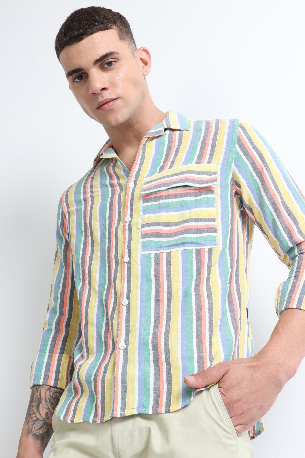 Blue Stripe Stylish Shirt with Flap Pocket for Men