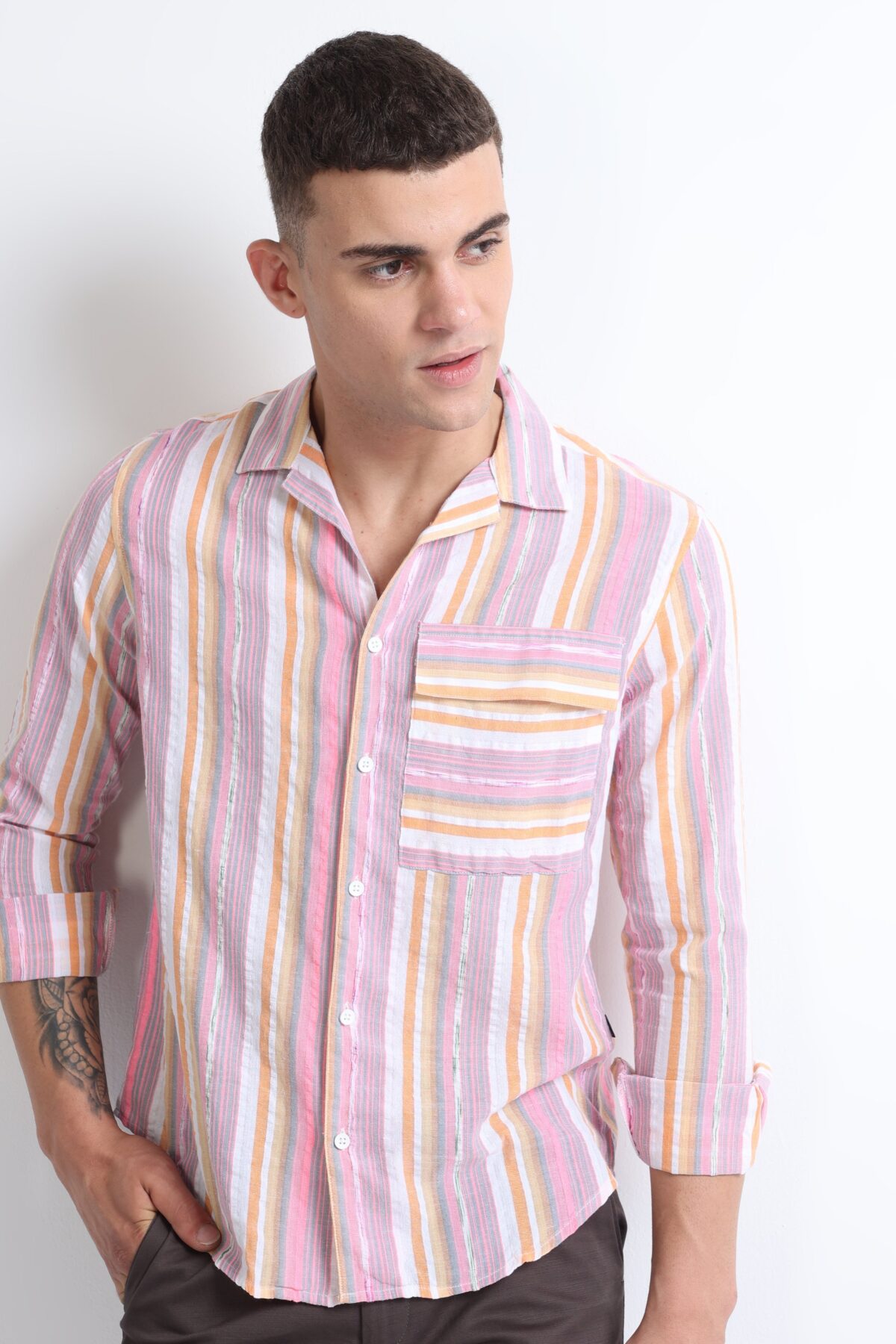 Light Orange Stylish Shirt with Stripe and Flap Pocket