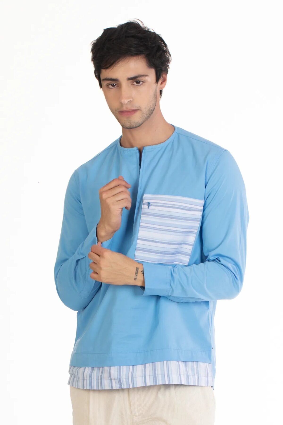 Sky Blue Round Neck Kurta Shirt with a Stylish Design for Men