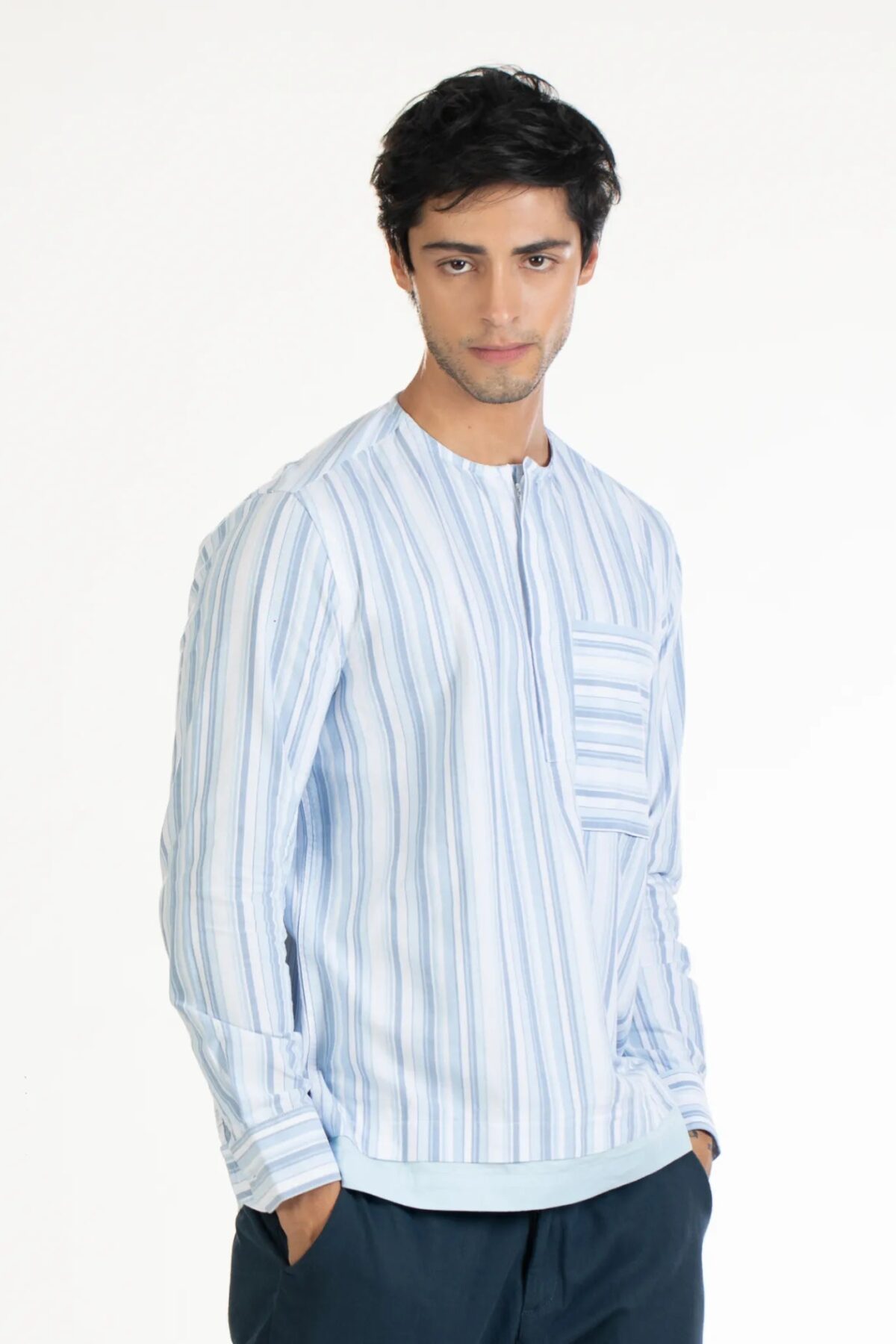 Blue Bias Pocket Round Neck Men Striped Shirt