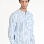 Blue Bias Pocket Round Neck Men Striped Shirt