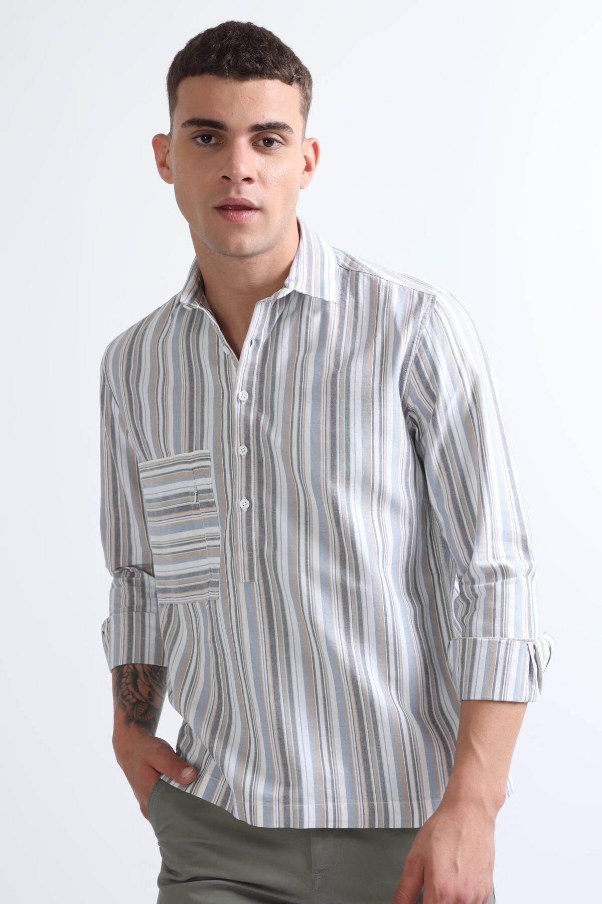 Cream Kurta Style Collar Striped Shirt for Men