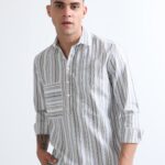 Cream Kurta Style Collar Striped Shirt for Men