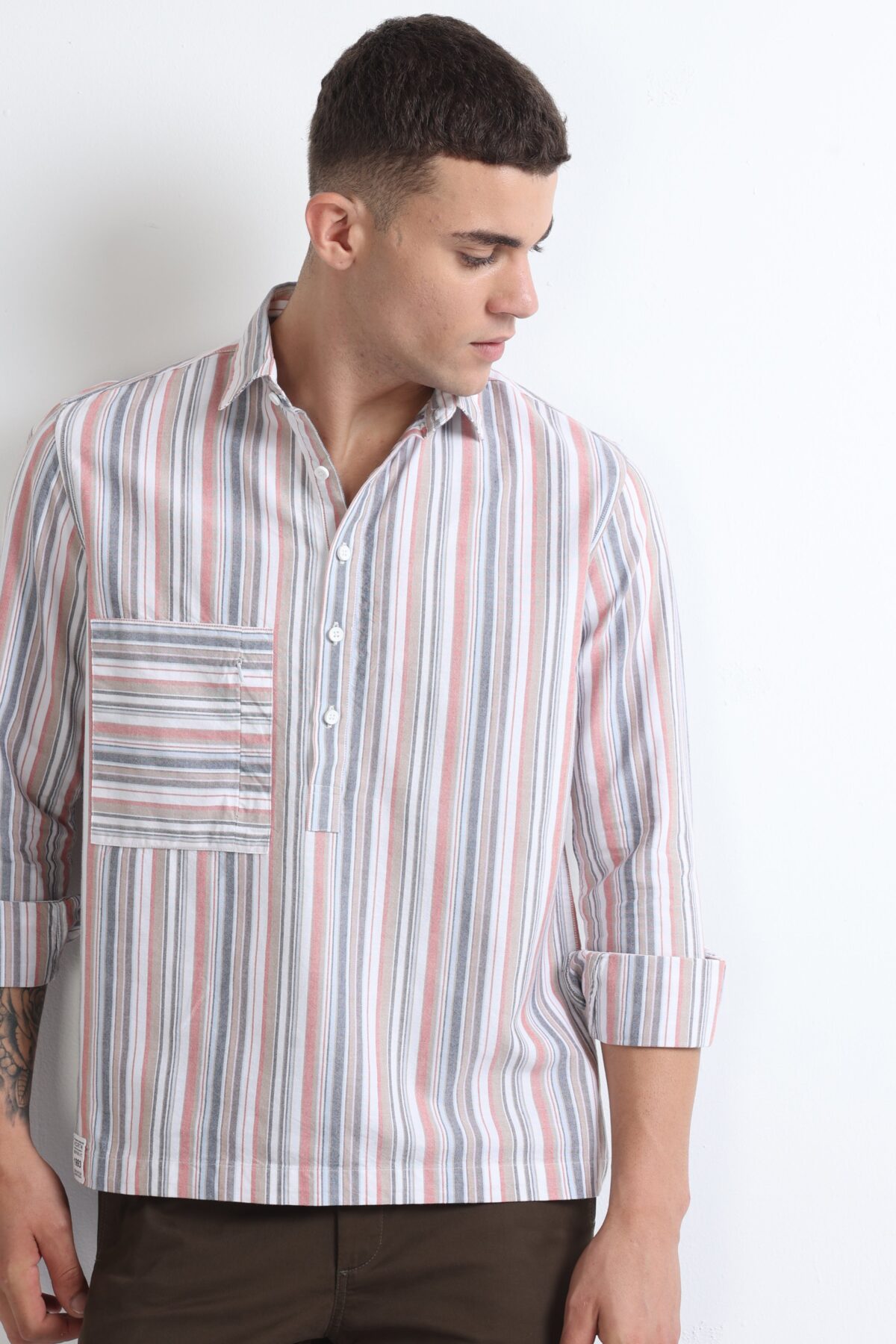 Beige Kurta Style Collar Striped Men Shirt