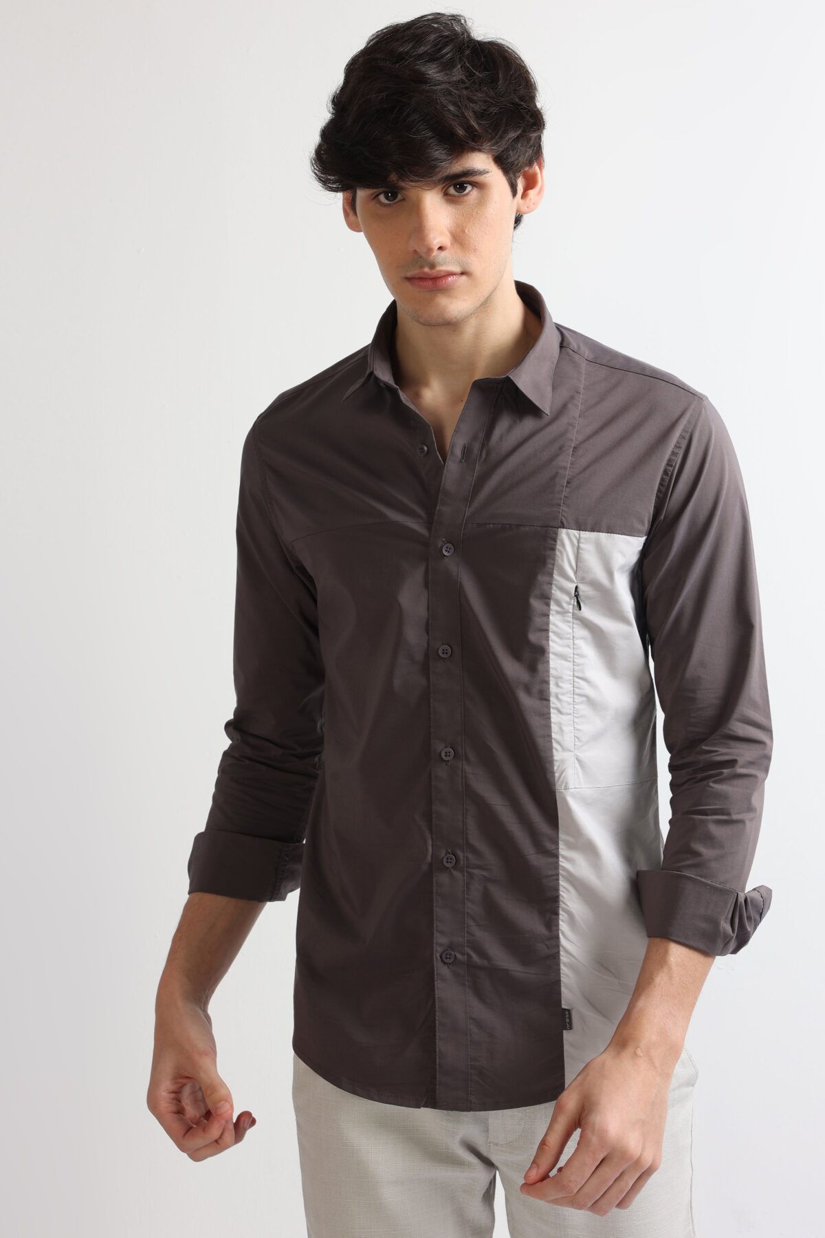 Grey Stylish Panel Shirt with Side Pockets for Men