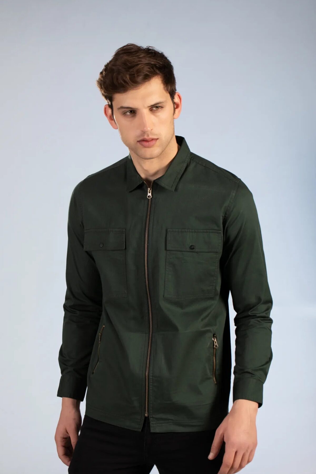 Green Twill Shirt with Zip-Up Jacket Style for Men