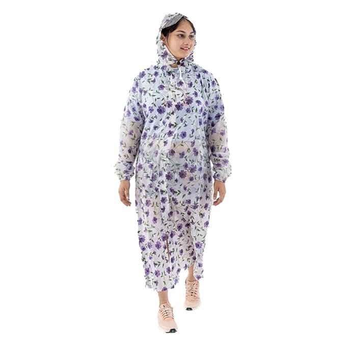 Women's Purple Floral Print Hooded Raincoat Full Length Waterproof Rainwear