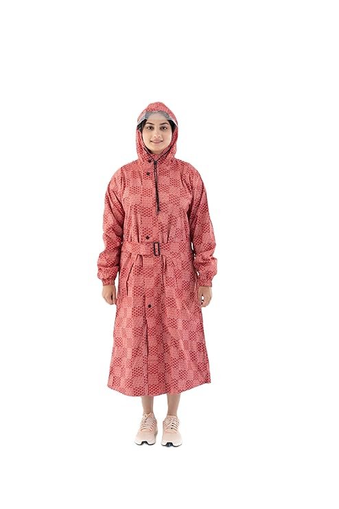 Women's Red Hooded Waterproof Raincoat with Belted Waterproof Design