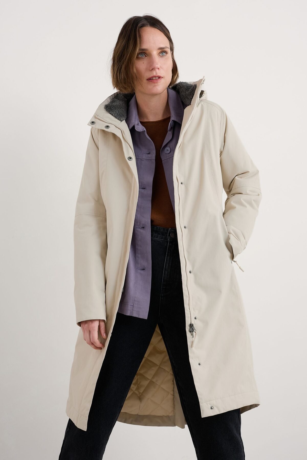 Women's Off White Knee Length Waterproof Raincoat Elegant Rainwear