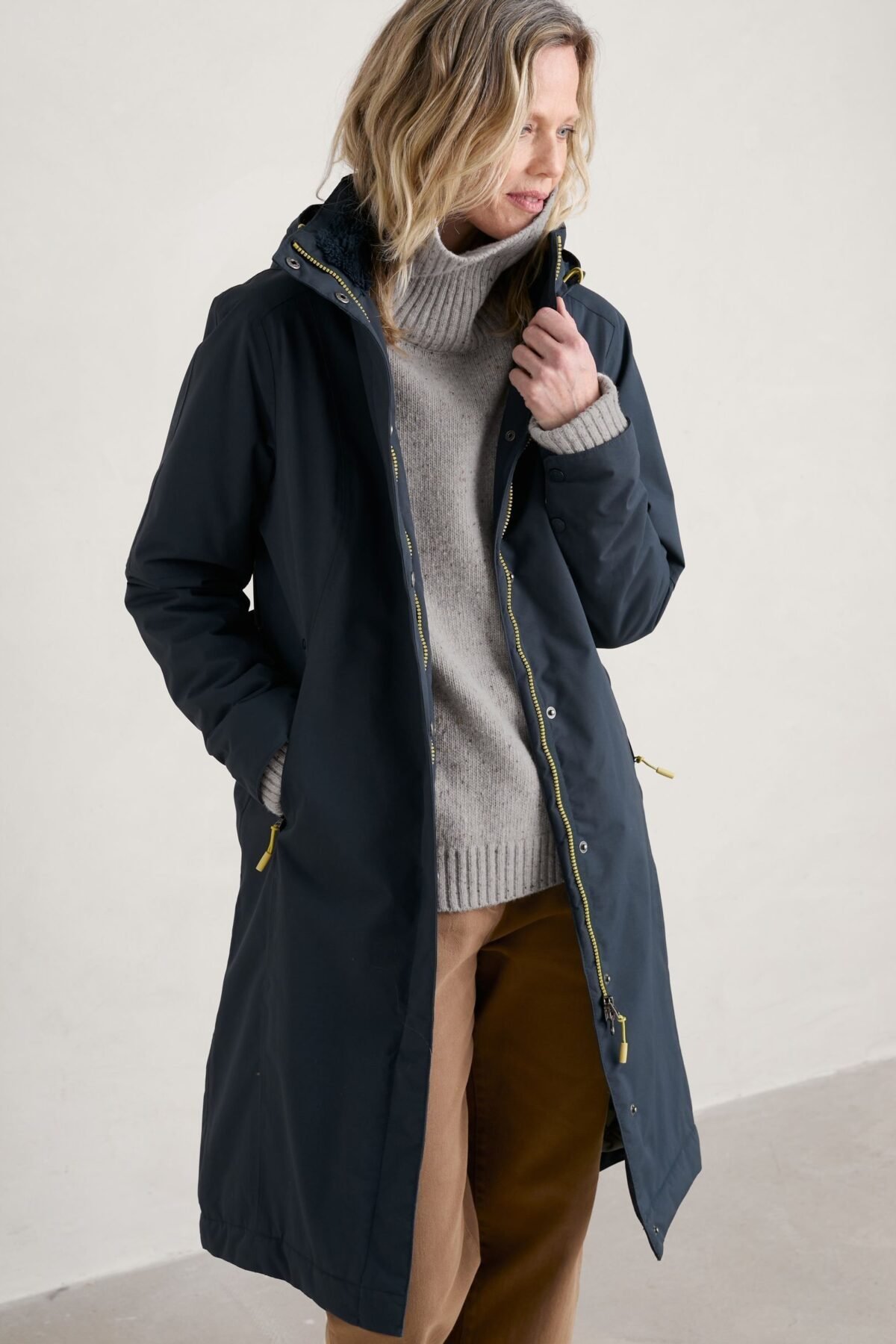 Women's Navy Knee Length Waterproof Raincoat Lightweight Rainwear
