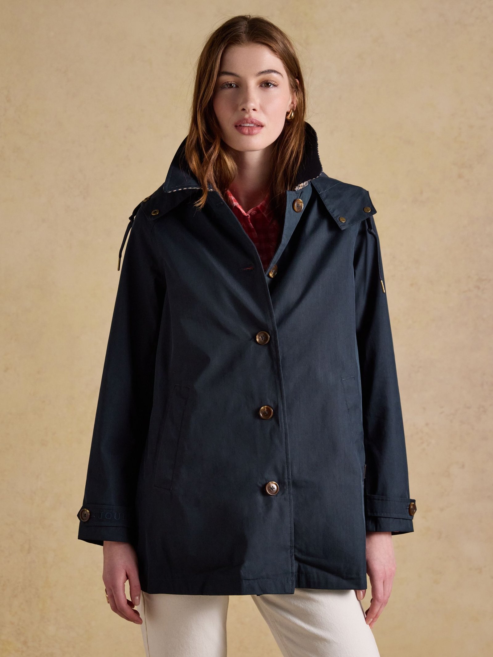 Women's Navy Button Through Waterproof Raincoat Lightweight Rain Protection