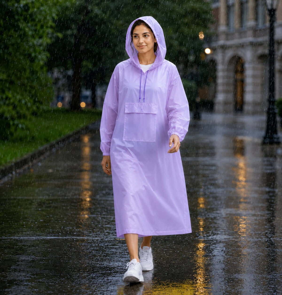 Women's Purple Polyester Long Waterproof Raincoat Stylish Outdoor Rainwear