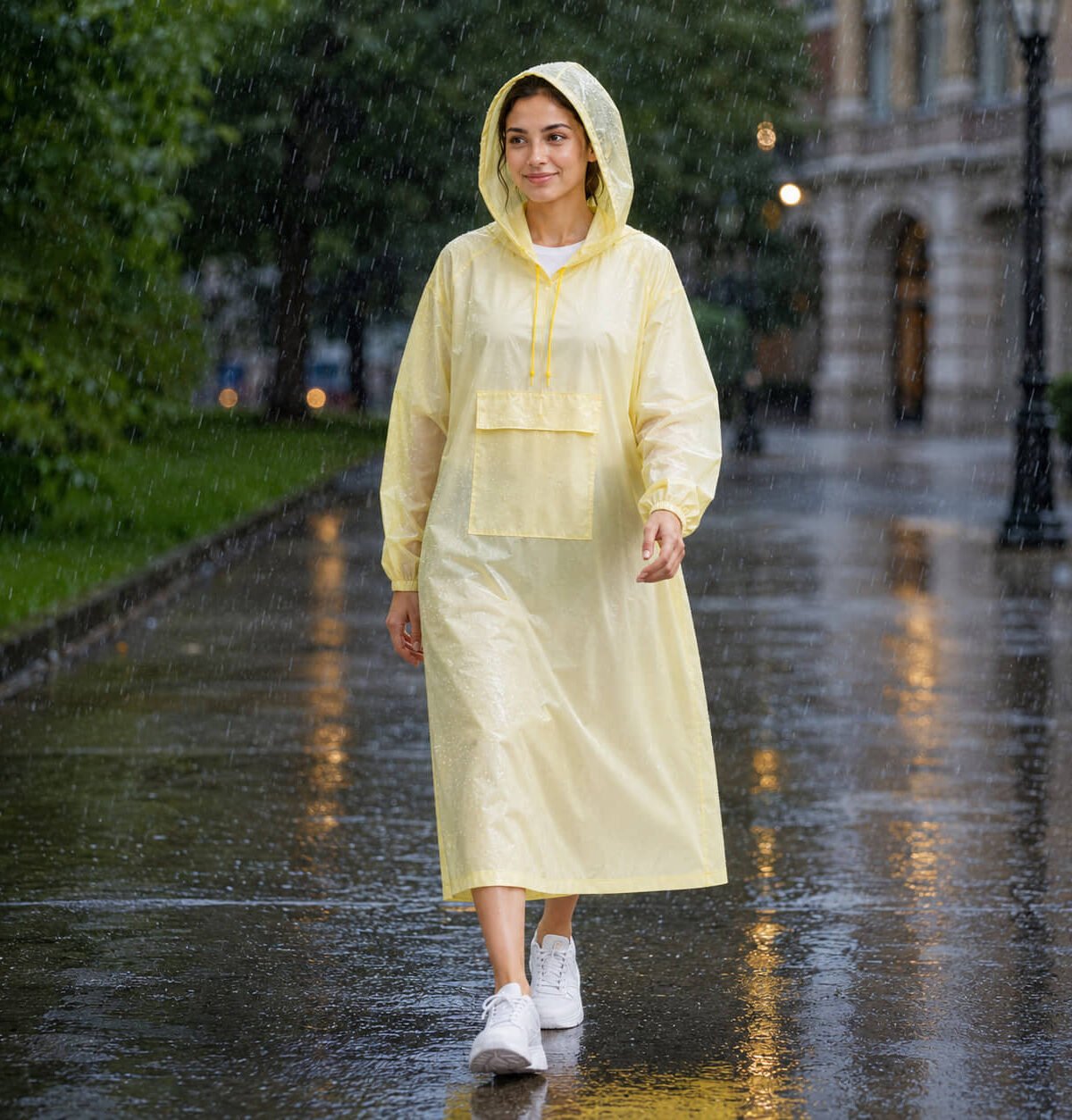 Women's Yellow Polyester Long Waterproof Raincoat Bright and Lightweight Rainwear