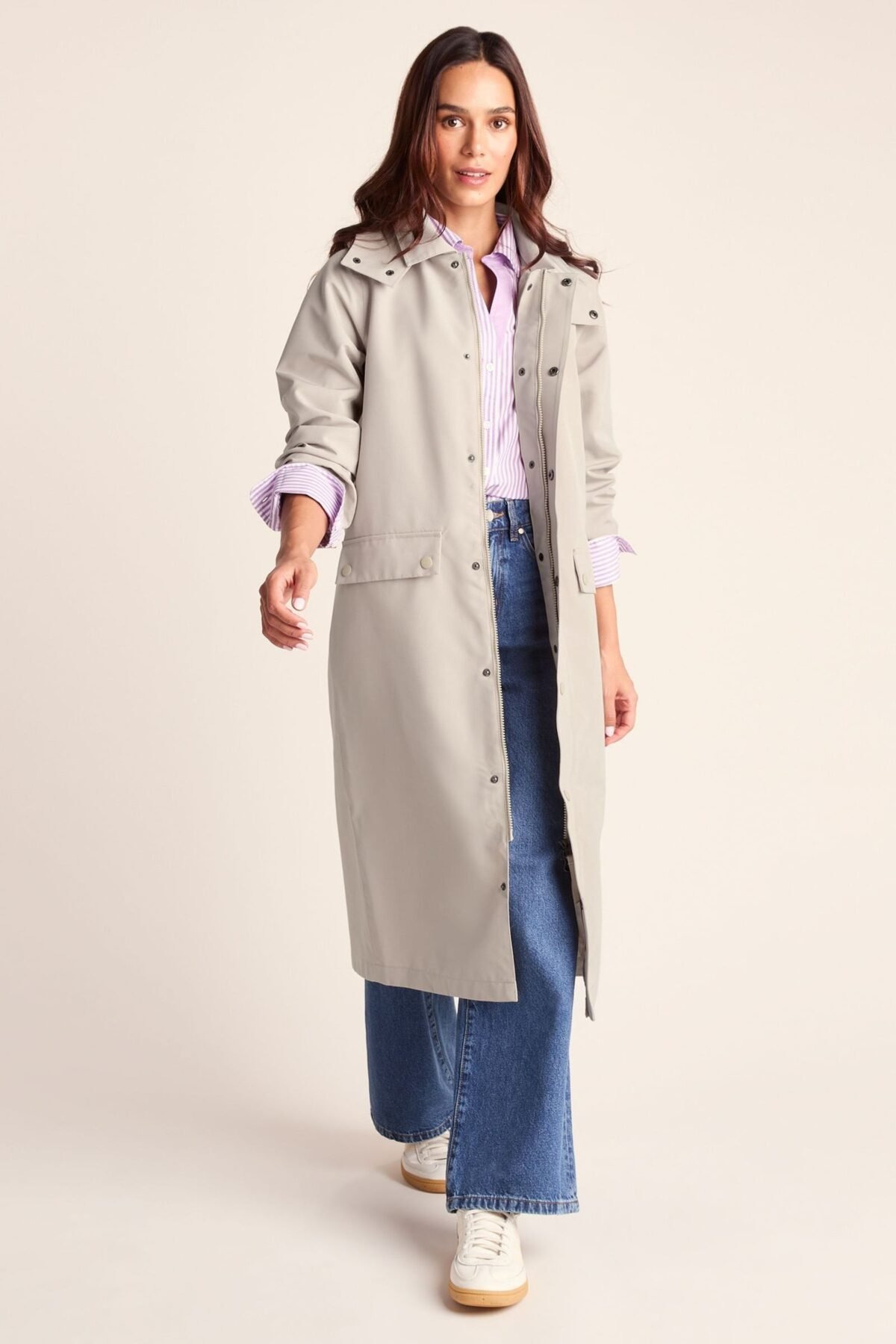Women's Cream Waterproof Car Coat Classic Long Rain Protection